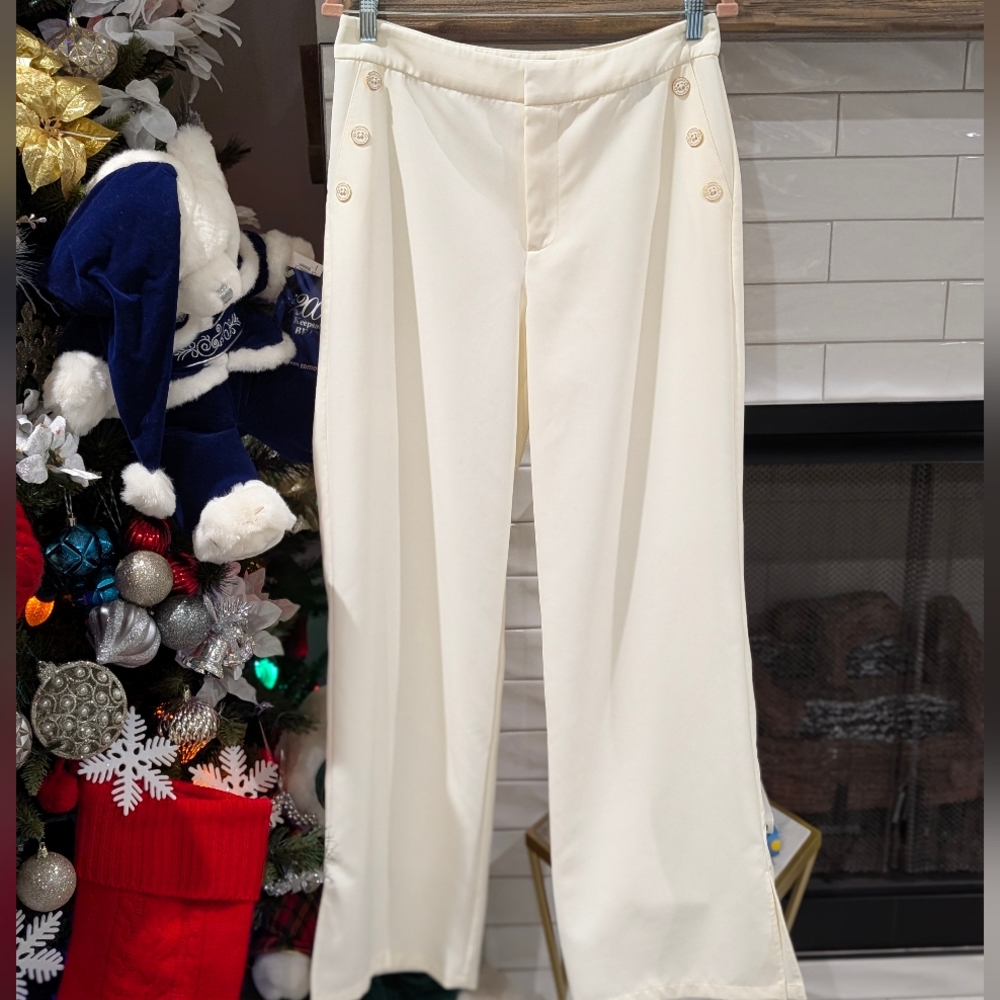 G by Giuliana Ivory Button-Detail Wide Leg Pants Trousers Size 12 High Waisted